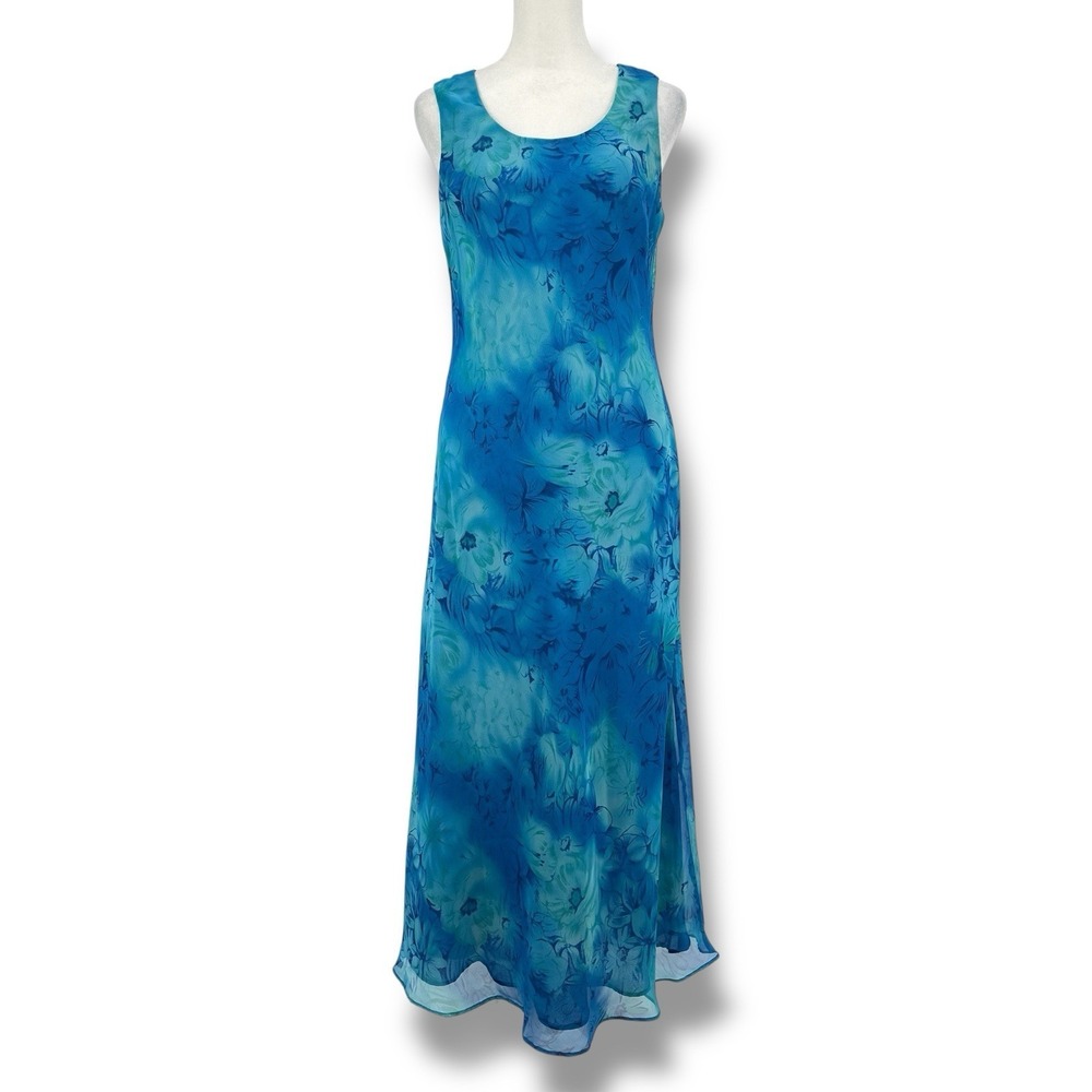 Studio I Blue Floral Chiffon Maxi Dress 2Pc Jacket Set Sz6 Beach Wedding Resort